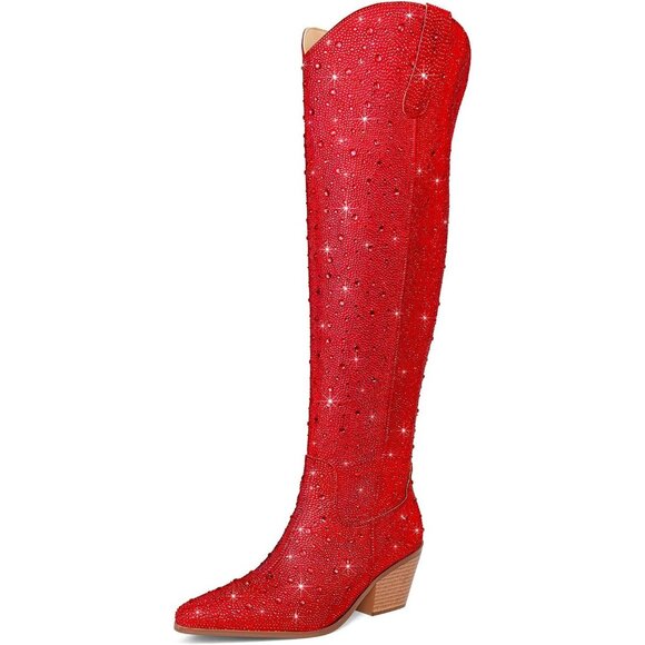 Women Rhinestone Over the Knee Boots Sparkly Bling Cowgirl Boots Pull-On Red